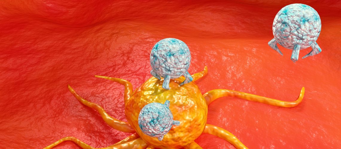 Cancer immunotherapy is a treatment that stimulates the immune system to attack cancer cells and malignant tumors. 3D illustration